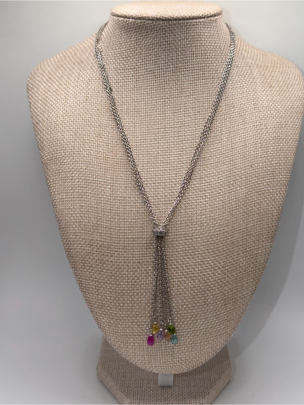 925 Sterling Silver Tassel Necklace with Multi-Color Gem Drops